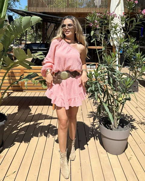 Rochie cu umar gol tip pantalon din muselina de bumbac 100% Piersica